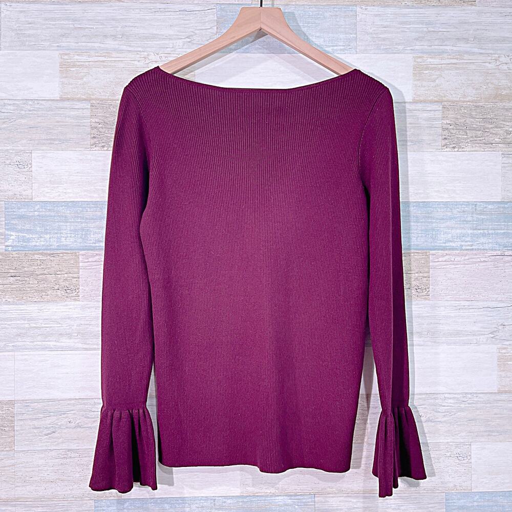 LAUREN RALPH LAUREN Ribbed Knit Bell Sleeve Sweater Purple Boatneck Womens XL